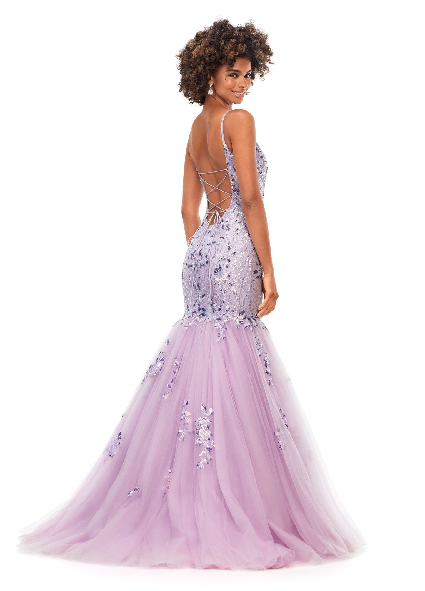 Ashley Lauren 11375 This spaghetti strap prom dress features sequin appliques throughout the bodice that cascade down onto the fit and flare skirt. The look is complete with an open lace up back. Straight Neckline Spaghetti Straps Fit & Flare Skirt Tulle & Sequin Applique COLORS: Sky, Lilac