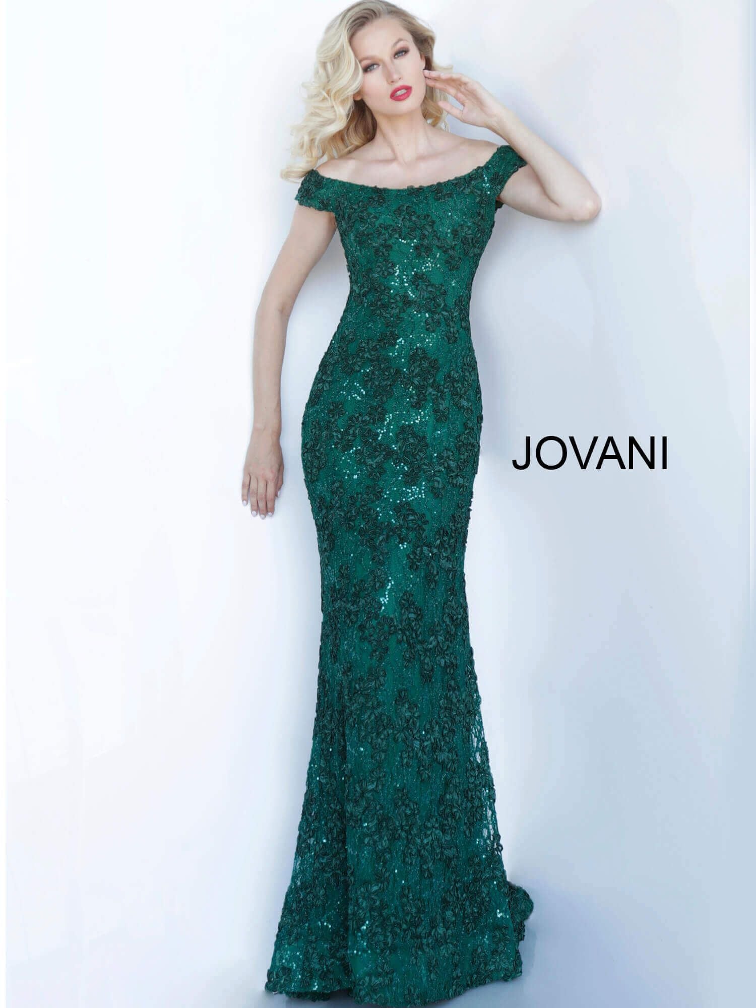 Jovani 1910 off the shoulder embellished evening gown  Available colors:  Black, Emerald, Plum, Red  Available sizes:  00-24 