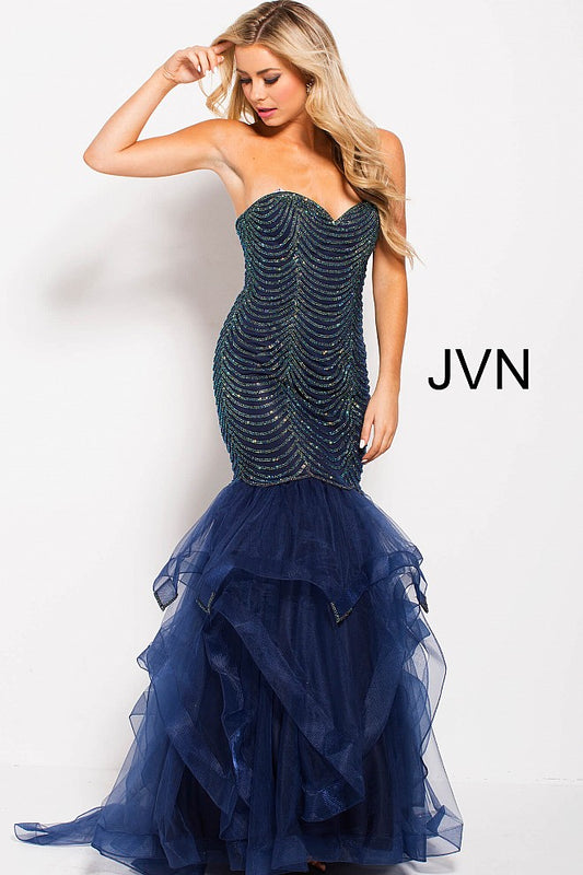 Jovani JVN60604 Size 8 Navy Embellished Mermaid Ruffle Prom Dress Pageant