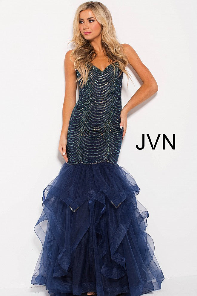 Jovani JVN60604 Size 8 Navy Embellished Mermaid Ruffle Prom Dress Pageant