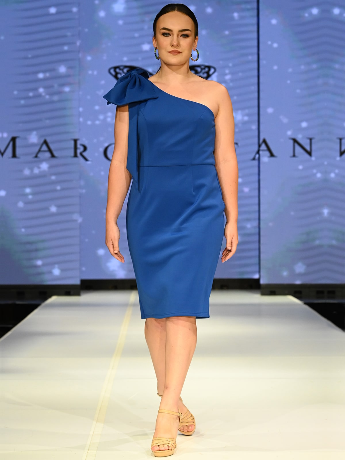 Marc Defang 8163 Size 10 Royal Blue Cocktail Dress Tea Length One Shoulder Bow