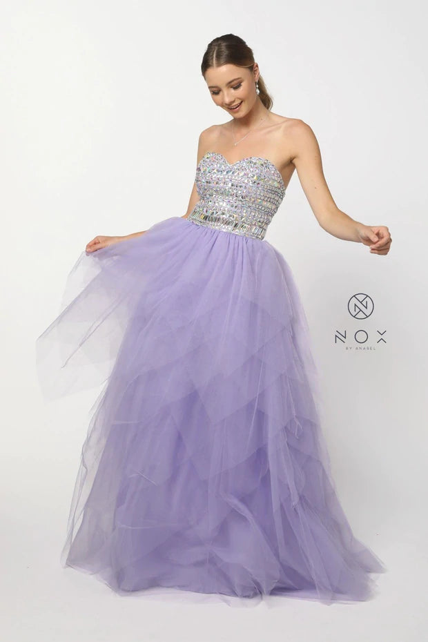 Nox Anabel 2740 Strapless Prom Dress Tulle A line Layered Skirt Embellished Bodice 2 LavenderNox Anabel 2740 Crystal Rhinestone Bodice with lace up corset back. A Line ballgown skirt with layered tulle for a fairy style design! Prom Dress Tulle A line Layered Skirt Formal Ballgown  Available Size & Colors:  Size 2 Lavender  Size 4 Baby Pink  Size 6 Mint Green
