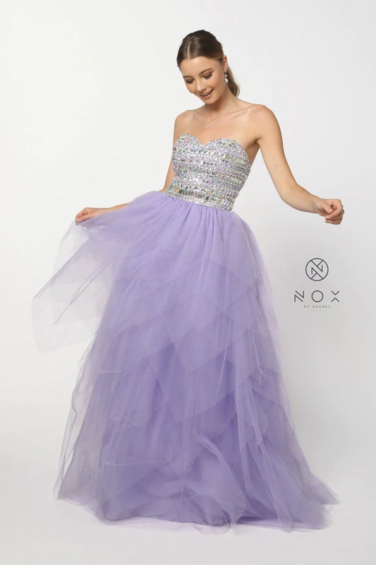 Nox Anabel 2740 Crystal Rhinestone Bodice with lace up corset back. A Line ballgown skirt with layered tulle for a fairy style design! Prom Dress Tulle A line Layered Skirt Formal Ballgown  Available Size & Colors:  Size 2 Lavender  Size 4 Baby Pink  Size 6 Mint Green