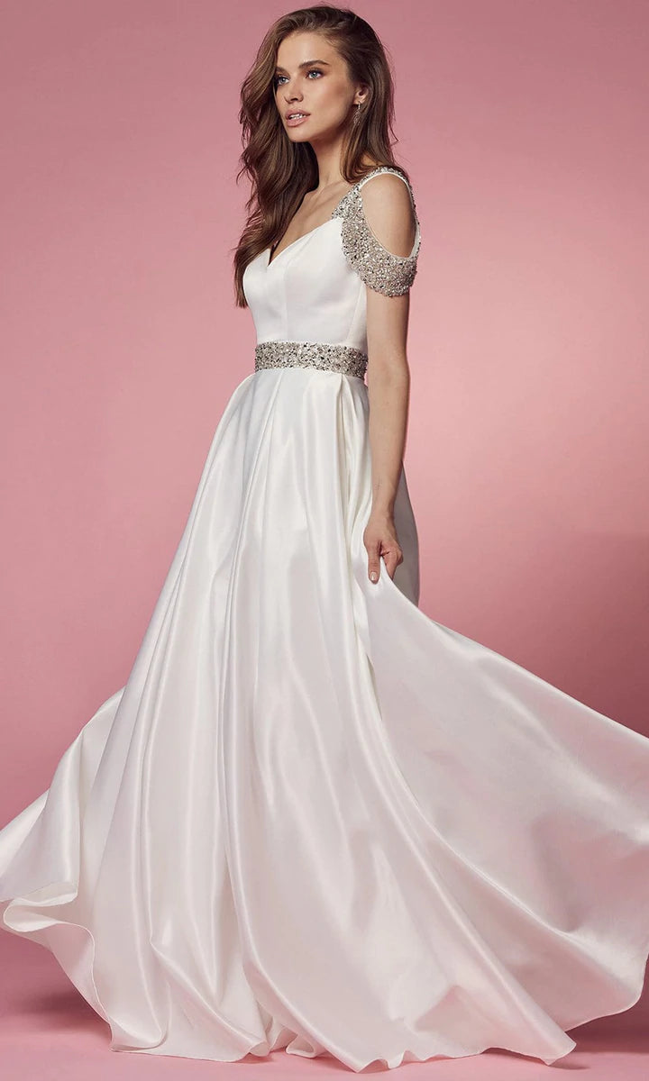 Nox Anabel R224W Long Satin A Line Ballgown Pockets Off the shoulder Dress Pageant prom Bridal Gown sweetheart neckline with beaded embellished cold shoulders strap and waistband. The open back has a zipper closure while the skirt reveals a pleated detail and flows into a full length A-line silhouette 