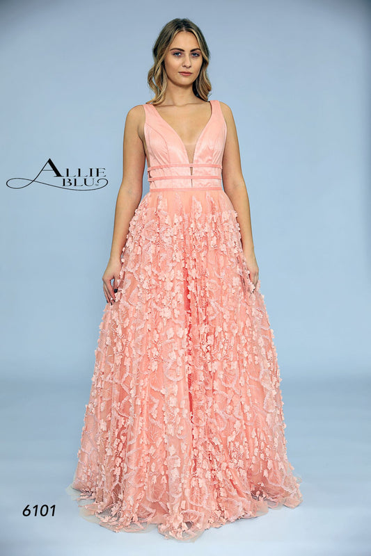 Allie Blu 6101 Peach Floral Lace 3d Applique Formal A Line Ballgown Prom Dress. Lush Skirt with plunging v neckline and suede waist bands. sheer mesh panels. Velvet Ribbon Lace ball gown prom dress   Available Size:10  Available Color: Peach