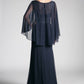CD 0001 Size 10 Burgundy Long Mother Of Chiffon Formal Dress Draped Cape Sleeve Lace
