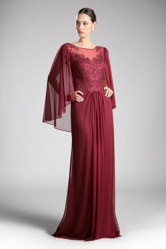 CD0001 Size 10 Burgundy Long Mother Of Chiffon Formal Dress Draped Cape Sleeve Lace