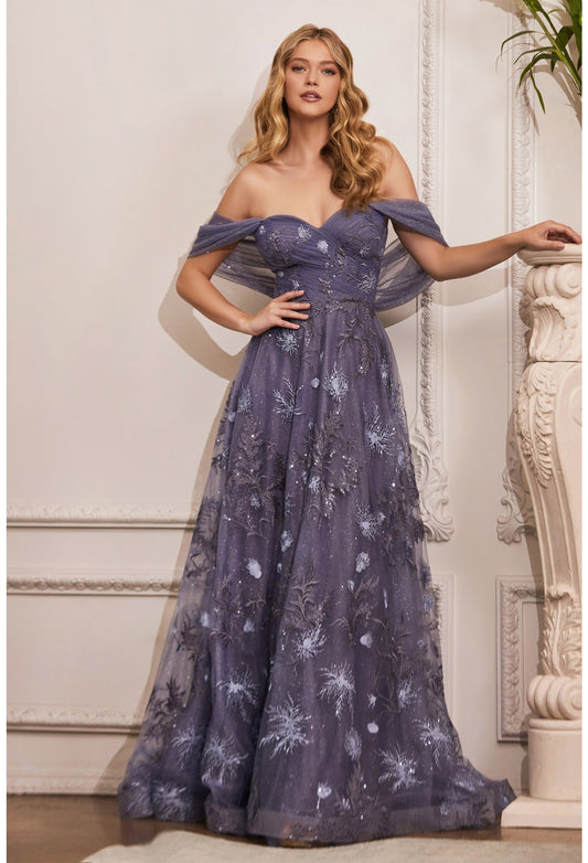 CD 008 Size 18 Long Mother Of Formal Dress A Line Shimmer Draped Cape Sleeve Gown Layered glitter tulle ball gown with off the shoulder jewel sleeves and floral applique. Sweetheart neckline and center back zipper.  Size: 18  Color: Grey Purple