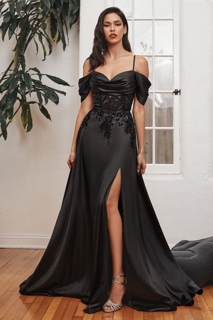 Ladivine OC 012 Long A Line Maxi Slit sheer off the shoulder Formal Dress Satin Lace Sequin This satin off the shoulder A-line gown combines timeless style with modern features. Its soft, skimming fabric moves gracefully over curves and creates an elegant décolletage with its off the shoulder drape sleeve. Embellished lace applique waistline and daring leg slit make this show-stopping look perfect for any black tie affair or stylish soirée.  Sizes: 6-18  Colors: Black, English/Violet