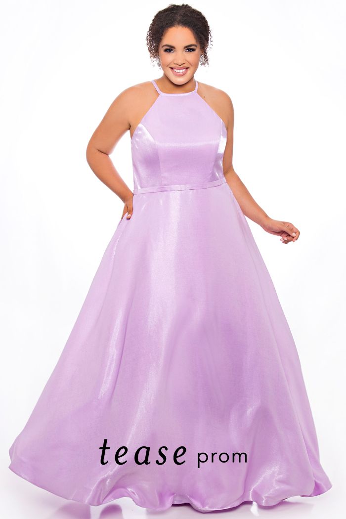Tease Prom TE 2016 size 14 Lilac a line shimmer prom dress.  Fun and flirty plus size satin halter dress is perfect for any special occasion. 