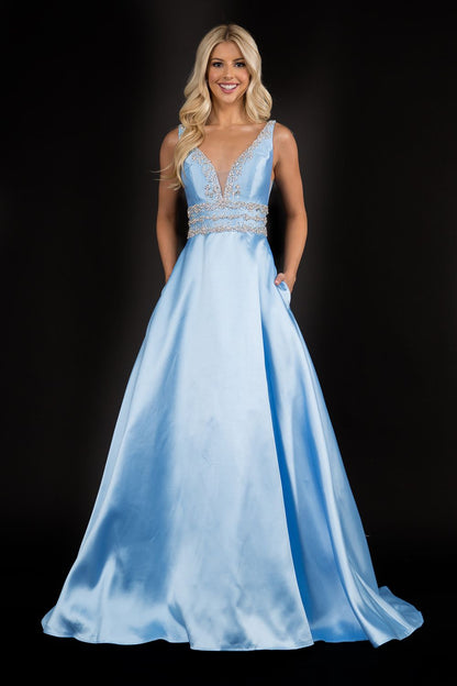 Nina Canacci 2290 Embellished plunging neckline A line prom dress embellished evening gown.  Three rows of embellishments around the waistline.  Colors:  Baby Blue, Ivory, Royal   Sizes:  8,10,12,14,16,18,20,22,24,