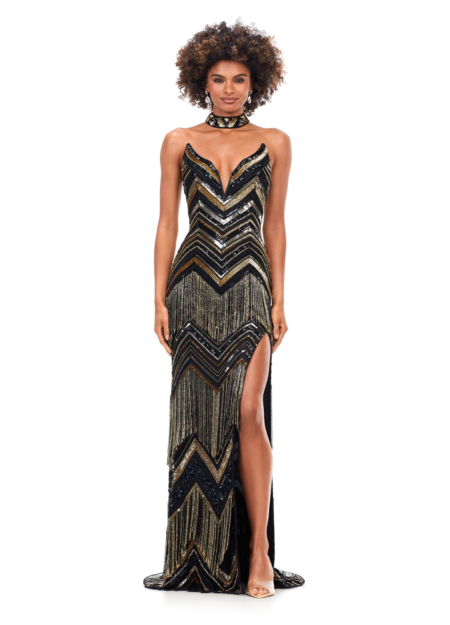 Ashley Lauren 11259 Strapless Prom Dress Beaded Evening Gown with Fringe Details 4 / Gold/Black