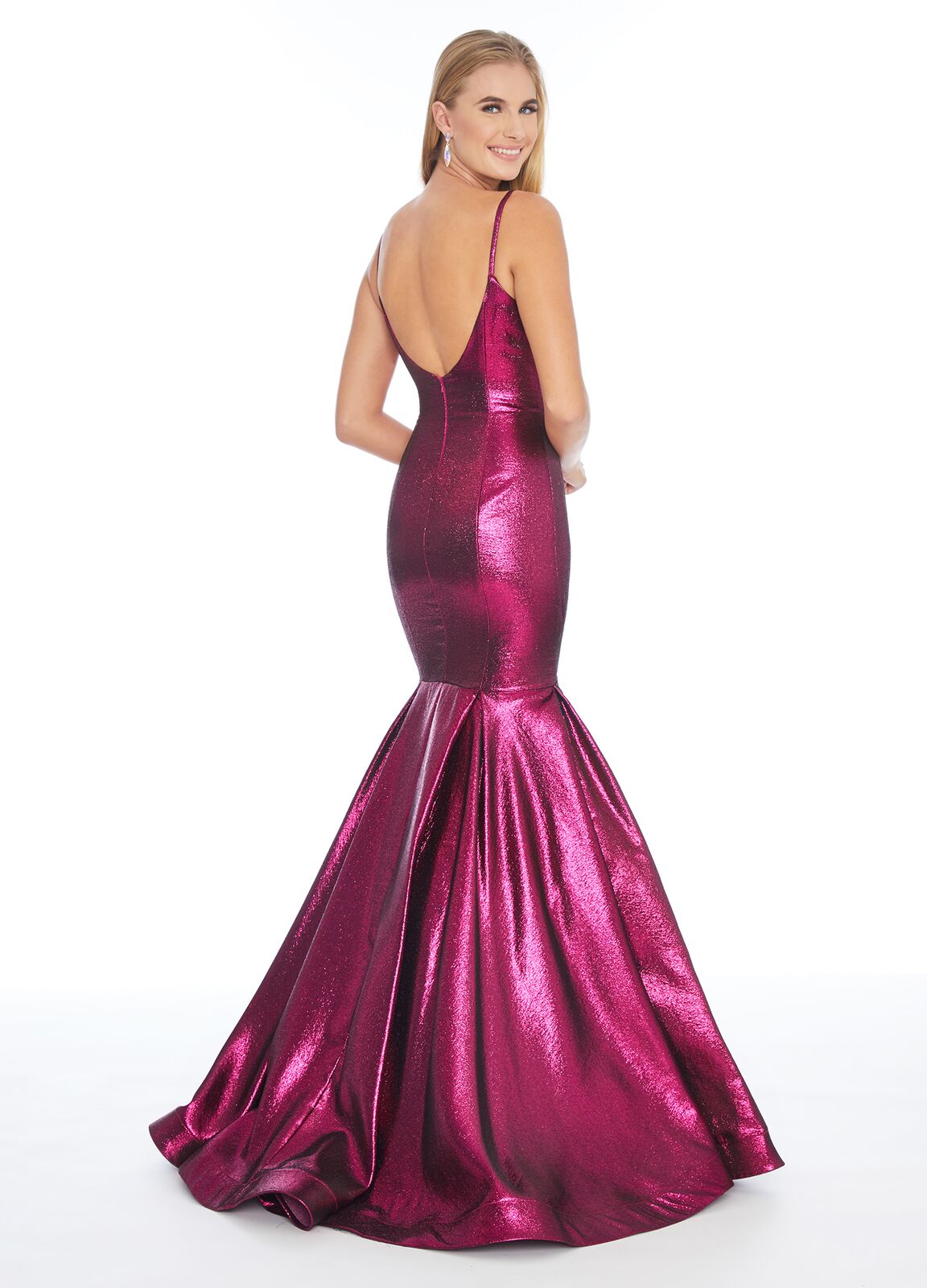 Ashley Lauren 1860 v neckline metallic brocade mermaid prom dress evening gown pageant gown Long Fitted metallic mermaid prom dress Pageant Gown Metallic madness! Metallic is all the rage this season. This V-neck spaghetti strap gown complete with a fit and flare skirt is sure to stand out. Glass Slipper Formals