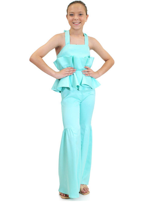 Marc Defang 5025 Long Satin Bell Bottom Girls Pageant Wear Interview Jumpsuit Ruffle Halter  Heavy Satin Jumpsuit All colors on swatches are available Strap neck tie Center back invisible zipper Available Sizes: 4-14 Available Colors: Orange, Blue, Hot Pink, Tiffany