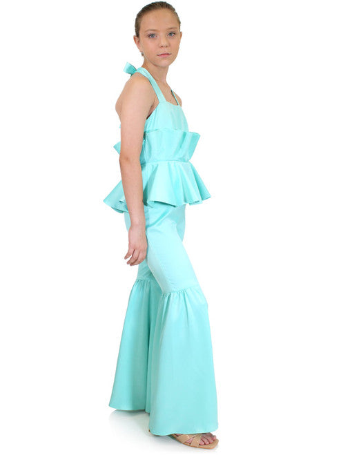 Marc Defang 5025 Long Satin Bell Bottom Girls Pageant Wear Interview Jumpsuit Ruffle Halter  Heavy Satin Jumpsuit All colors on swatches are available Strap neck tie Center back invisible zipper Available Sizes: 4-14 Available Colors: Orange, Blue, Hot Pink, Tiffany