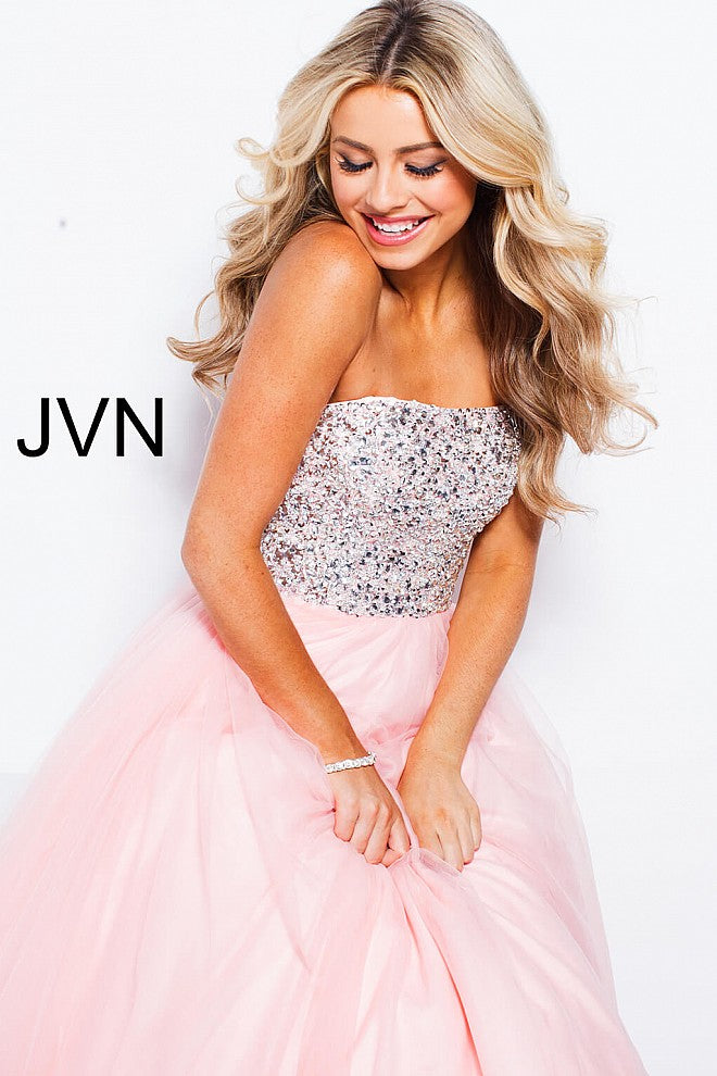 JVN52131 pink prom dress crystal embellished bodice strapless straight neckline long tulle skirt ball gowns at Glass Slipper Formals Lake City, Florida