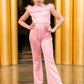 Marc Defang 8185K Size 4 Hot Pink Pageant Jump suite with feather neck line off the shoulder