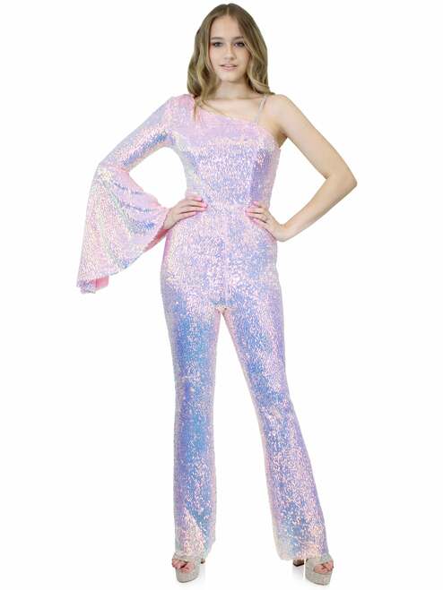 Marc Defang 8004 Sequin Bell Sleeve Pageant Jumpsuit Overskirt Fun Fashion   Price is inclusive of overskirt  Fully beaded jumpsuit Single off shoulder Bell sleeve Crystalized shoulder strap Option of matching overskirt Knitted inner comfort lining  Available Sizes: 00-16  Available Colors: Baby Pink, Light Purple, Light Orange, Mint