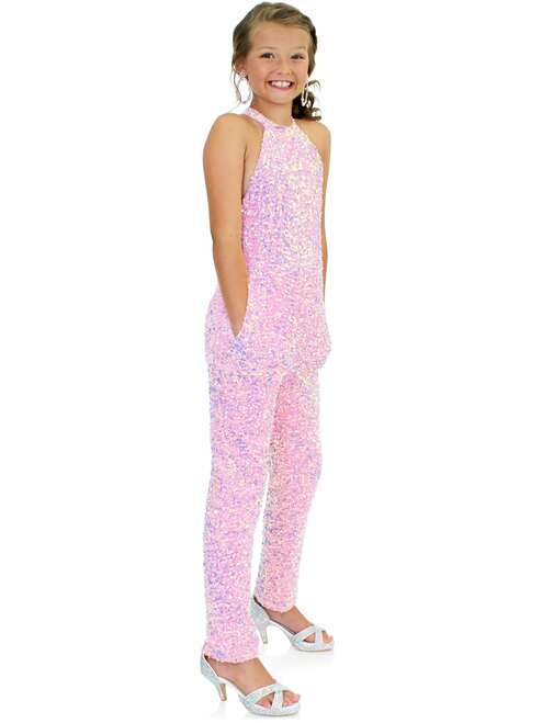 Marc Defang 5022 Long Girls Sequin Pageant Jumpsuit Fun Fashion High Neck  Very sparkle Iridescent colors  Fully beaded Halter Neck Back Straps  Side Pockets Knitted inner comfort lining Available Size: 4-14  Available Color: Royal Blue, Red, White, Light Pink, Light Blue