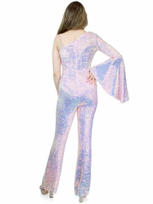 Marc Defang 8004 Sequin Bell Sleeve Pageant Jumpsuit Overskirt Fun Fashion   Price is inclusive of overskirt  Fully beaded jumpsuit Single off shoulder Bell sleeve Crystalized shoulder strap Option of matching overskirt Knitted inner comfort lining  Available Sizes: 00-16  Available Colors: Baby Pink, Light Purple, Light Orange, Mint