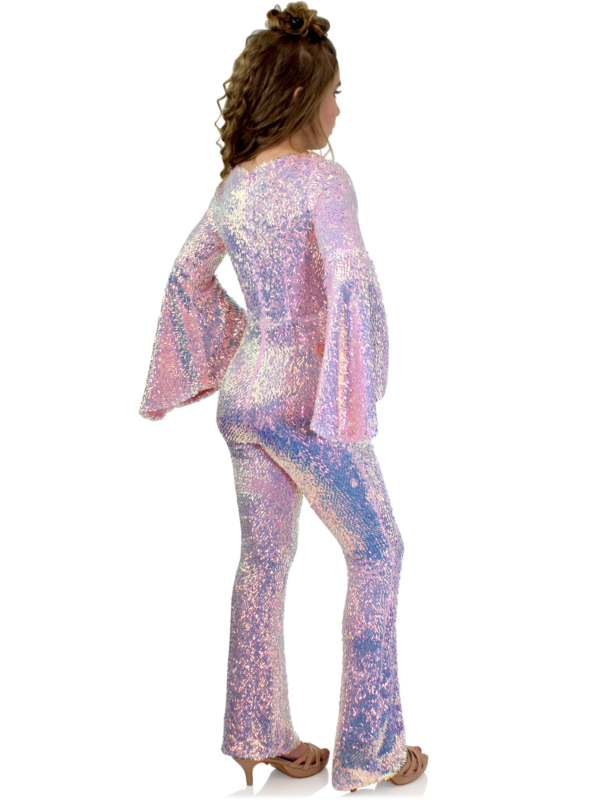 Marc Defang 8004 Sequin Bell Sleeve Pageant Jumpsuit Overskirt Fun Fashion   Price is inclusive of overskirt  Fully beaded jumpsuit Bell sleeve Option of matching overskirt Knitted inner comfort lining  Available Sizes: 6   Available Colors: Iridescent Purple