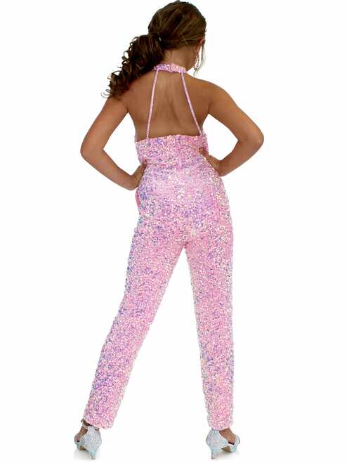 Marc Defang 5022 Long Girls Sequin Pageant Jumpsuit Fun Fashion High Neck  Very sparkle Iridescent colors  Fully beaded Halter Neck Back Straps  Side Pockets Knitted inner comfort lining Available Size: 4-14  Available Color: Royal Blue, Red, White, Light Pink, Light Blue