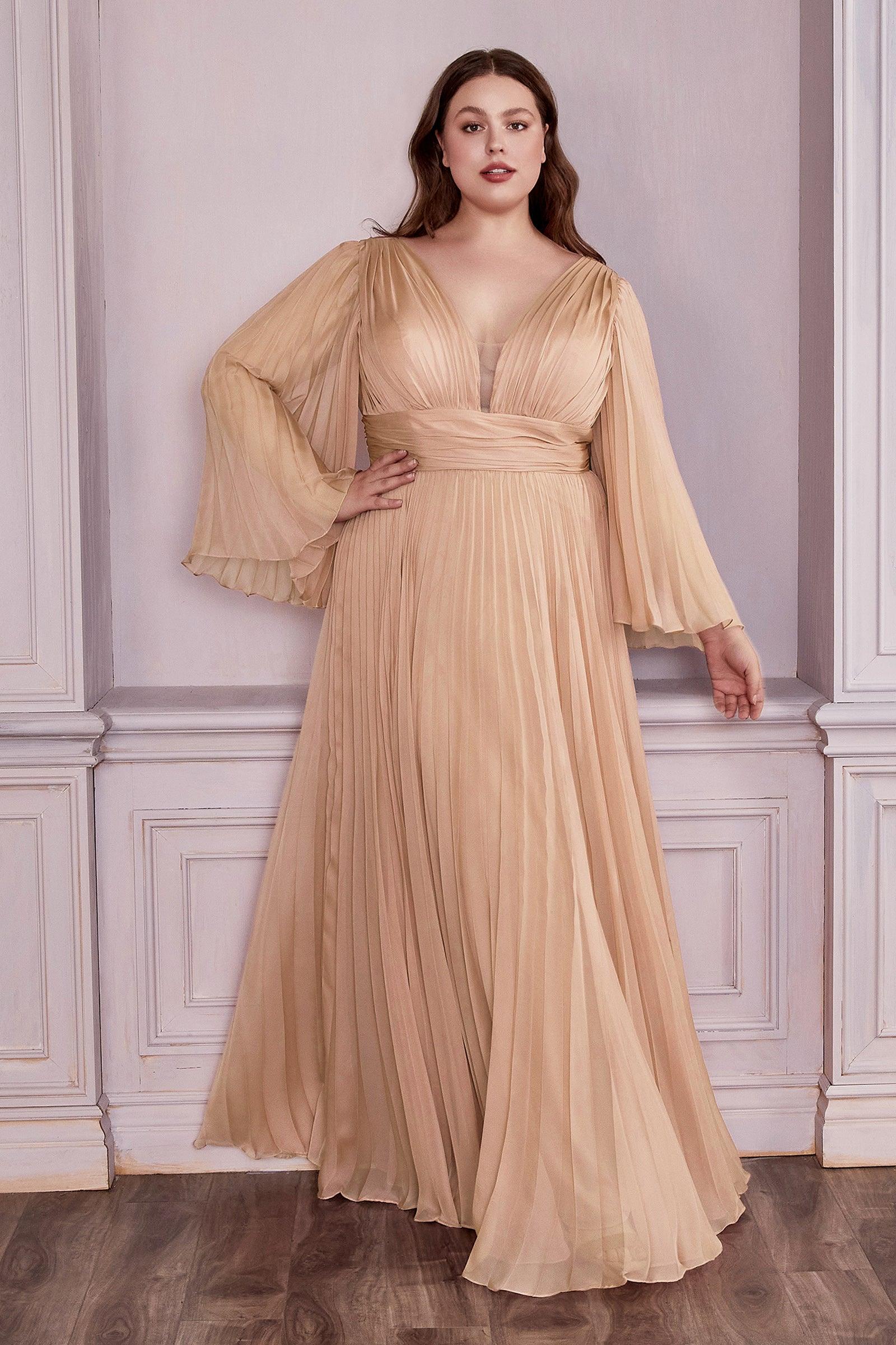 Ladivine CD242 Size 16 Champagne Long Pleated Chiffon A Line Bell Sleeve V Neck Formal Dress Bridesmaid Gown Ladivine CD242 Size 16 Champagne Long Pleated Chiffon A Line Bell Sleeve V Neck Formal Dress Bridesmaid Gown