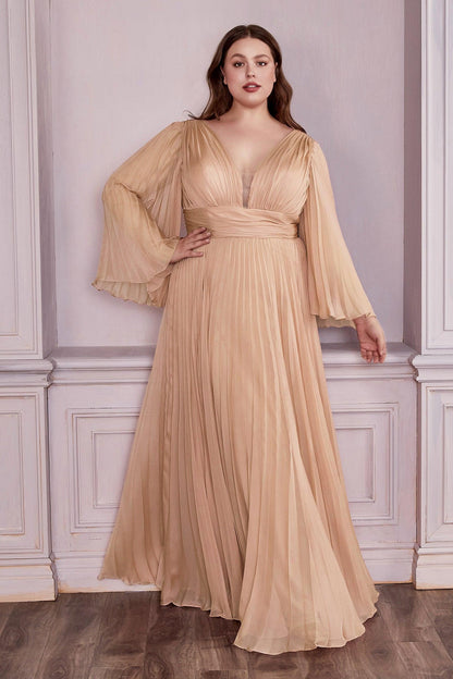 Ladivine CD242 Long Pleated Chiffon A Line Bell Sleeve V Neck Formal Dress Bridesmaid Gown An elegant and sophisticated option for attending a wedding or other formal occasion. This chiffon gown is pleated from sleeve to hem and gathered at the deep v-neckline and waist. An open mid back has a center back zipper closure.  Sizes: 6-24  Colors: Blossom Pink, Blue, Champagne, Jade, Lavender, Orchid, Red, Rose Gold, Teal, Yellow