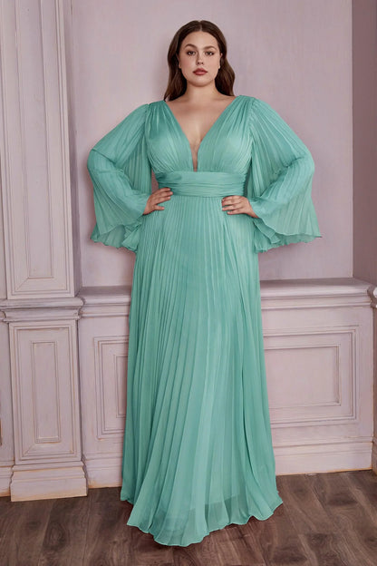 Ladivine CD242 Long Pleated Chiffon A Line Bell Sleeve V Neck Formal Dress Bridesmaid Gown An elegant and sophisticated option for attending a wedding or other formal occasion. This chiffon gown is pleated from sleeve to hem and gathered at the deep v-neckline and waist. An open mid back has a center back zipper closure.  Sizes: 6-24  Colors: Blossom Pink, Blue, Champagne, Jade, Lavender, Orchid, Red, Rose Gold, Teal, Yellow