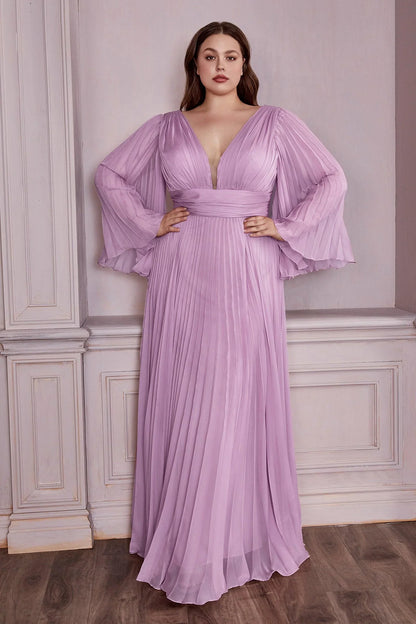 Ladivine CD242 Long Pleated Chiffon A Line Bell Sleeve V Neck Formal Dress Bridesmaid Gown An elegant and sophisticated option for attending a wedding or other formal occasion. This chiffon gown is pleated from sleeve to hem and gathered at the deep v-neckline and waist. An open mid back has a center back zipper closure.  Sizes: 6-24  Colors: Blossom Pink, Blue, Champagne, Jade, Lavender, Orchid, Red, Rose Gold, Teal, Yellow