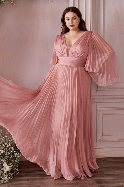 Ladivine CD242 Long Pleated Chiffon A Line Bell Sleeve V Neck Formal Dress Bridesmaid Gown An elegant and sophisticated option for attending a wedding or other formal occasion. This chiffon gown is pleated from sleeve to hem and gathered at the deep v-neckline and waist. An open mid back has a center back zipper closure.  Sizes: 6-24  Colors: Blossom Pink, Blue, Champagne, Jade, Lavender, Orchid, Red, Rose Gold, Teal, Yellow