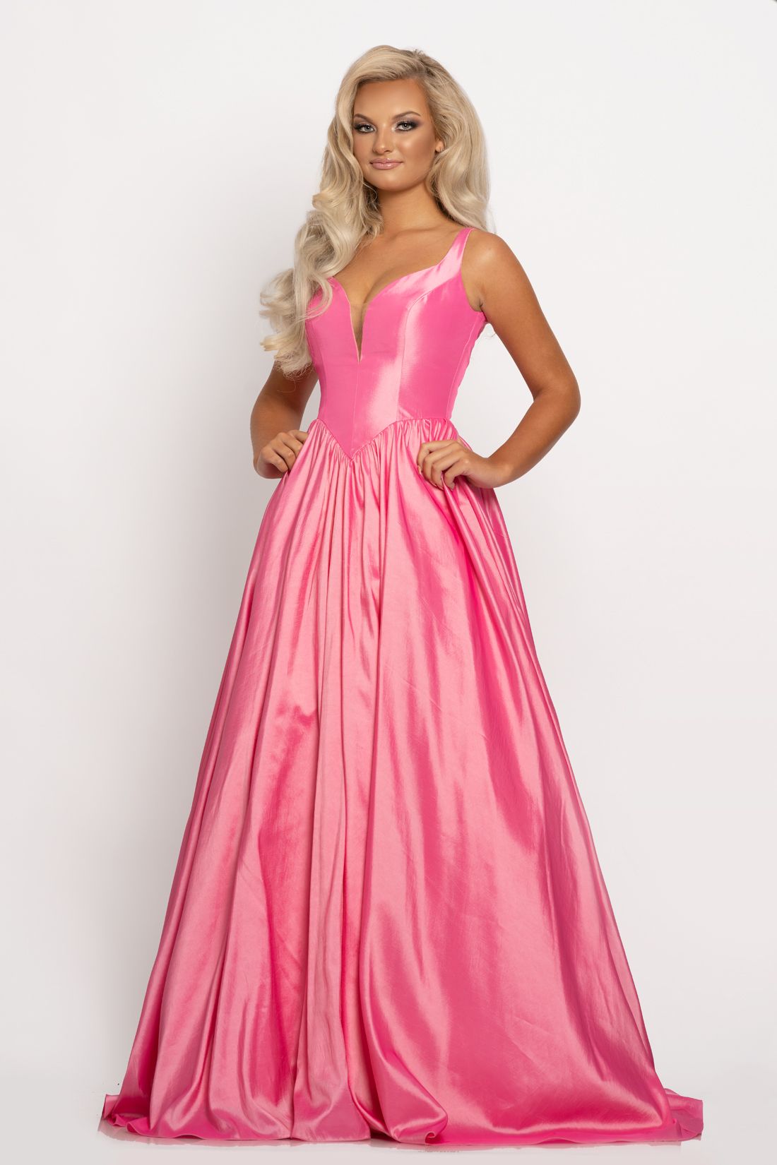 Johnathan Kayne 2225 Major Cinderella Vibes in this shimmery taffeta long A line prom dress.  This pageant gown features a plunging sweetheart neckline with mesh panel and v back.   Colors:  Bubblegum, Mandarin  Sizes  00, 0, 2, 4, 6, 8, 10, 12, 14, 16