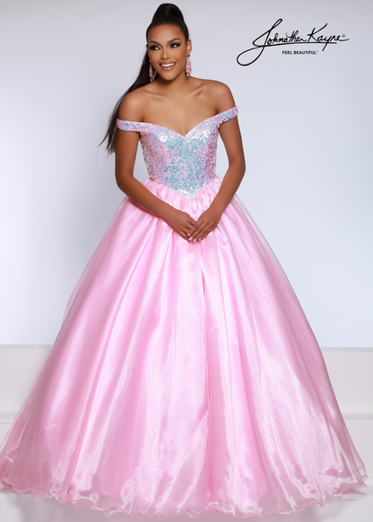 Johnathan Kayne 2652 Size 2 Pink organza ball gown that features a contemporary off the shoulder sequin stretch mesh bodice.