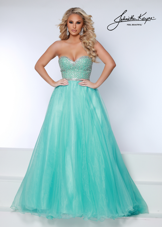 The Johnathan Kayne 2654 Long A Line Strapless Sequin Prom Dress Pageant Gown is crafted with expert design and hand beaded detailing. Its unique strapless sweetheart bodice is trimmed with glimmering rhinestones that create an elegant, shimmering effect. Perfect for prom, pageants, and more.  Sizes: 00-16  Colors: Aqua, White