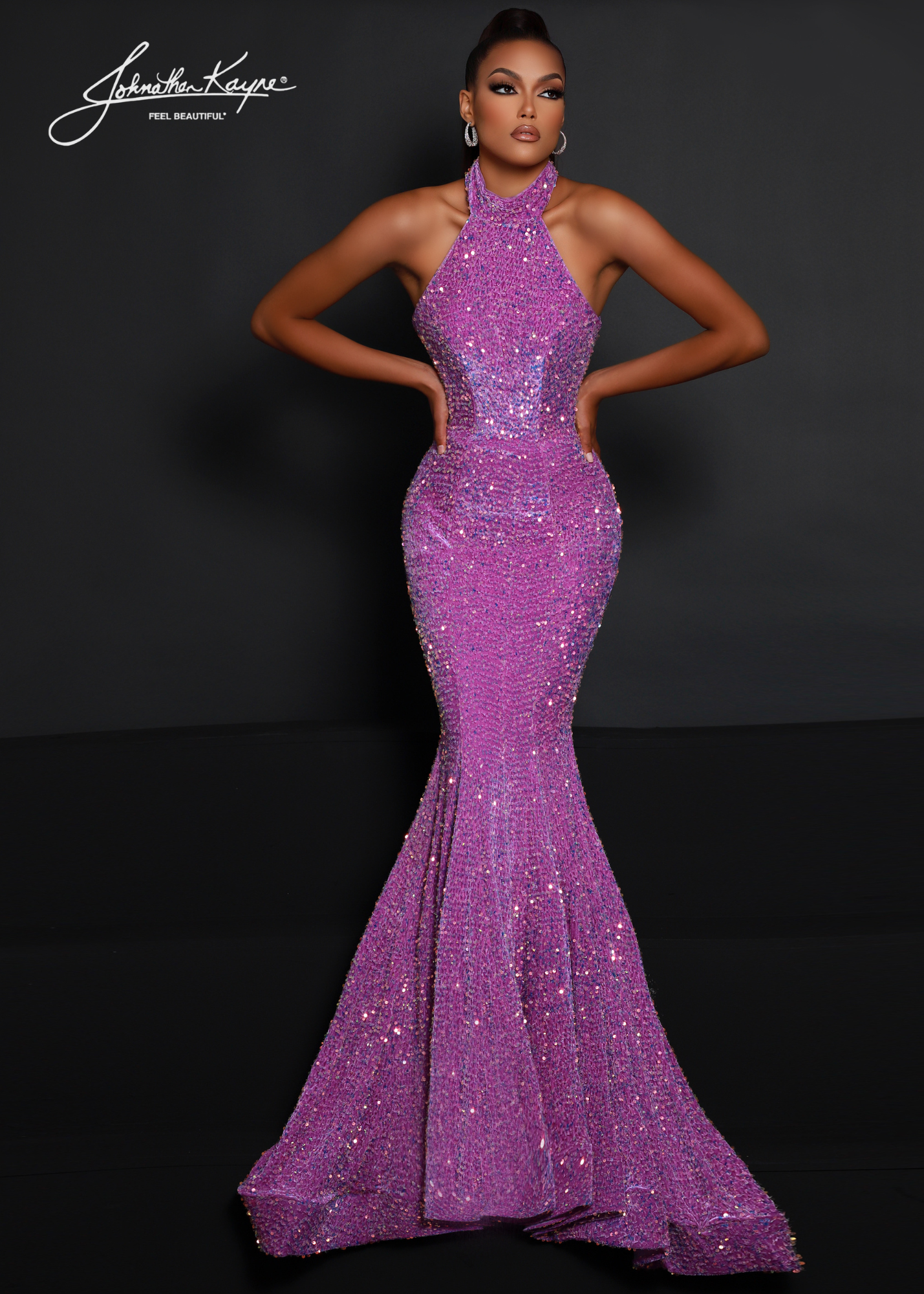 Johnathan Kayne 2673 sequin stretch velvet with halter bodice and flit and flare High neckline velvet sequin formal pageant dress with Long Lush sweeping train! Iridescent Sequins  Available Sizes: 00-24  Available colors: Multi, Orchid, Teal