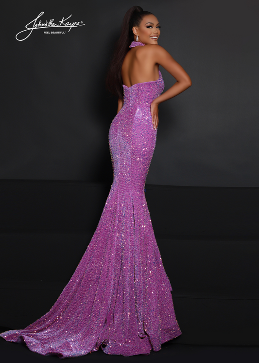 Johnathan Kayne 2673 sequin stretch velvet with halter bodice and flit and flare High neckline velvet sequin formal pageant dress with Long Lush sweeping train! Iridescent Sequins  Available Sizes: 00-24  Available colors: Multi, Orchid, Teal