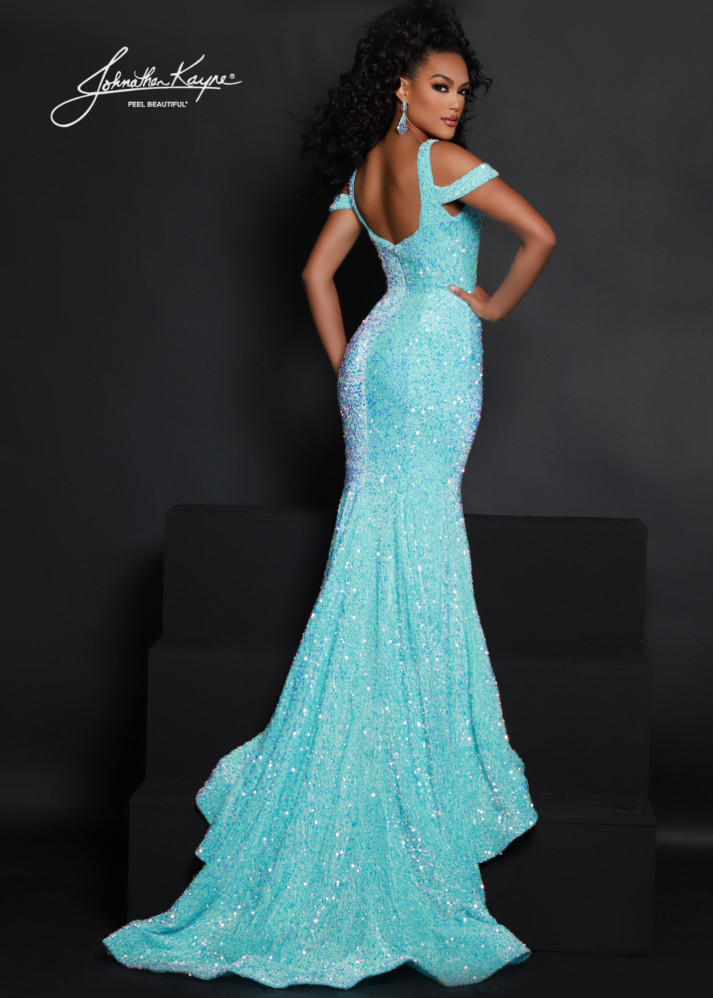 Johnathan Kayne 2678 sequin stretch velvet gown with off shoulder straps Johnathan Kayne 2678 Size 4 Aqua sequin stretch velvet Pageant gown Formal Dress  Available Sizes: 4  Available Colors: Aqua