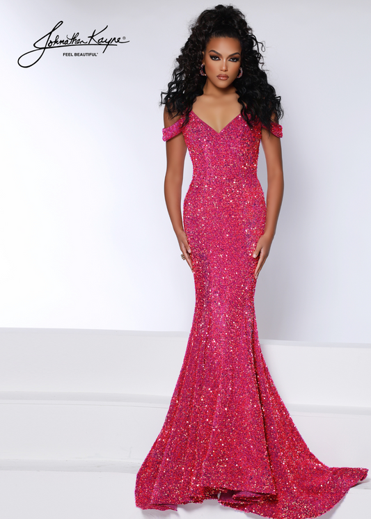 Johnathan Kayne 2678 sequin stretch velvet gown with off shoulder straps Lush Mermaid skirt and train perfect for Pageants  Available Sizes:00-24  Available Colors: Aqua, Magenta, Multi
