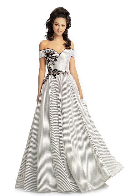 Johnathan Kayne 9048 Size 6 Ballgown Black and White Stripes off the shoulder sleeves formal dress