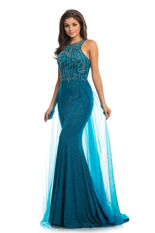 Johnathan Kayne 9071 Size 0 & 2 Teal Long Iridescent Pageant Dress Overskirt Mermaid Gown