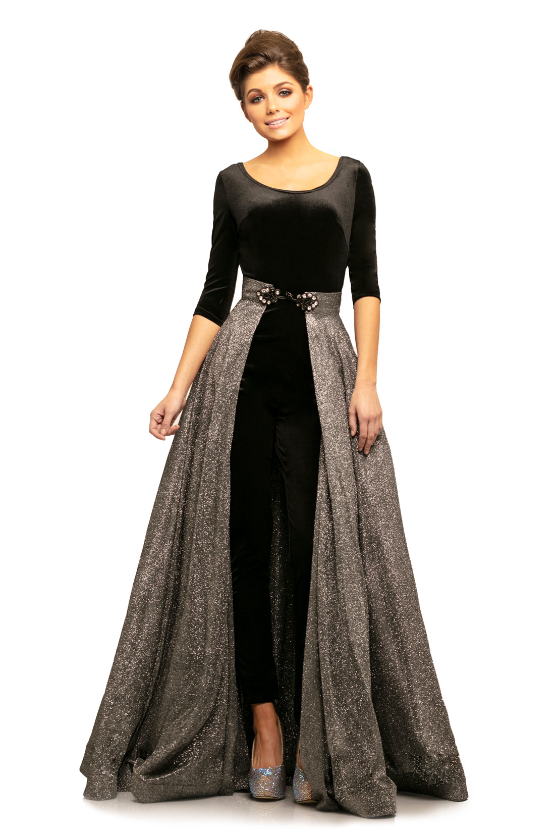 Johnathan Kayne 9229 Size 6 Black Long Velvet Jumpsuit Iridescent Overskirt Detach