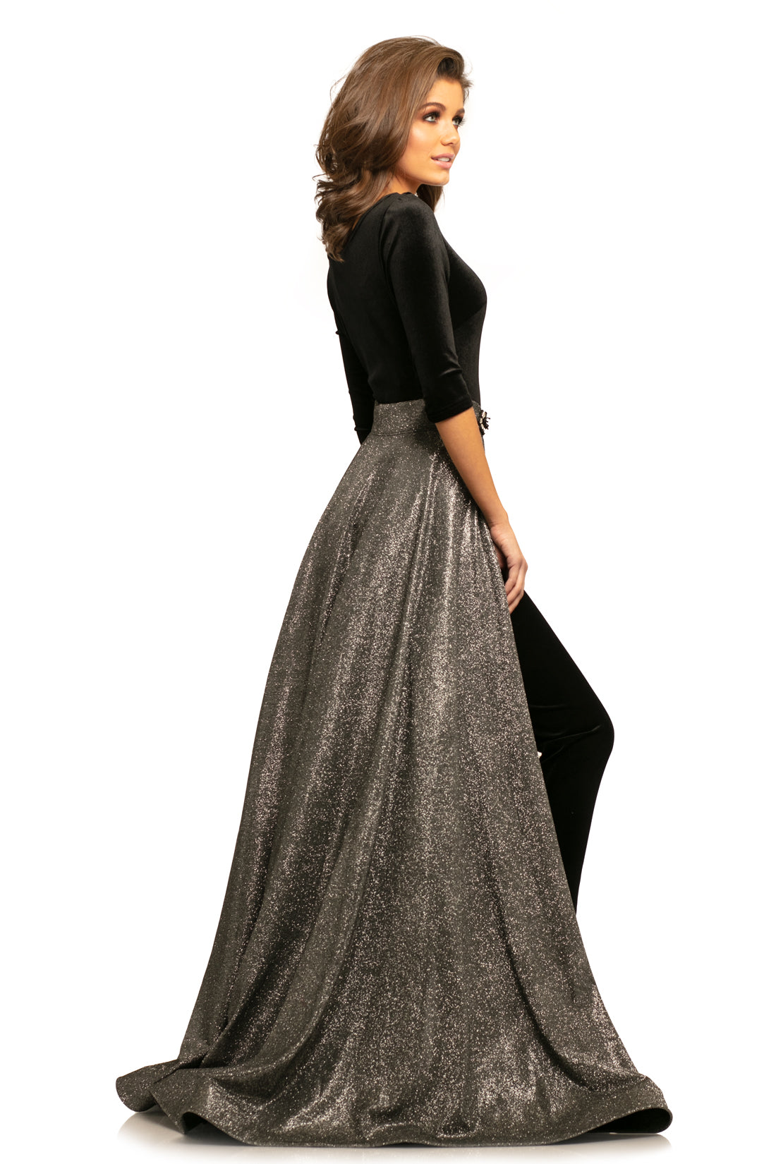 Johnathan Kayne 9229 Size 6 Black Long Velvet Jumpsuit Iridescent Overskirt Detach