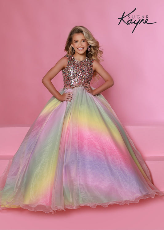 Sugar Kayne C180 size 8 Rainbow Girls Pageant Dress Ball Gown Sequins Ombre Cutout Back