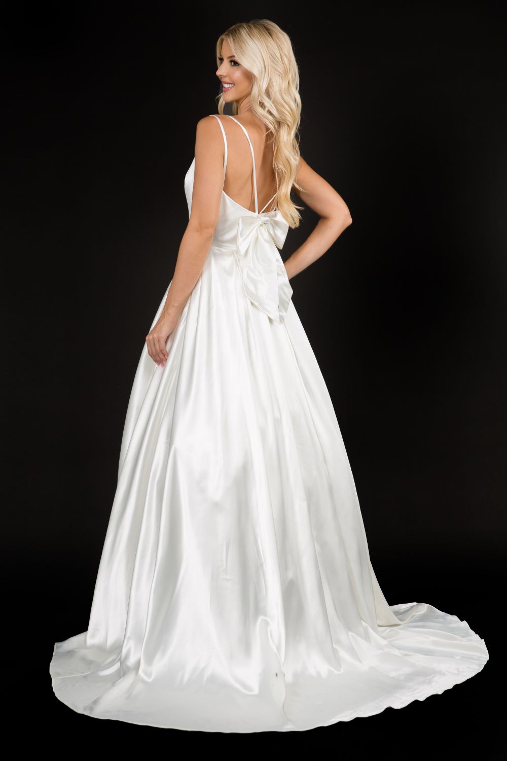 satin bow for wedding dress Simple A-Line Satin Wedding Dress with Back Bow, Spaghetti Straps, Poc Viniodress