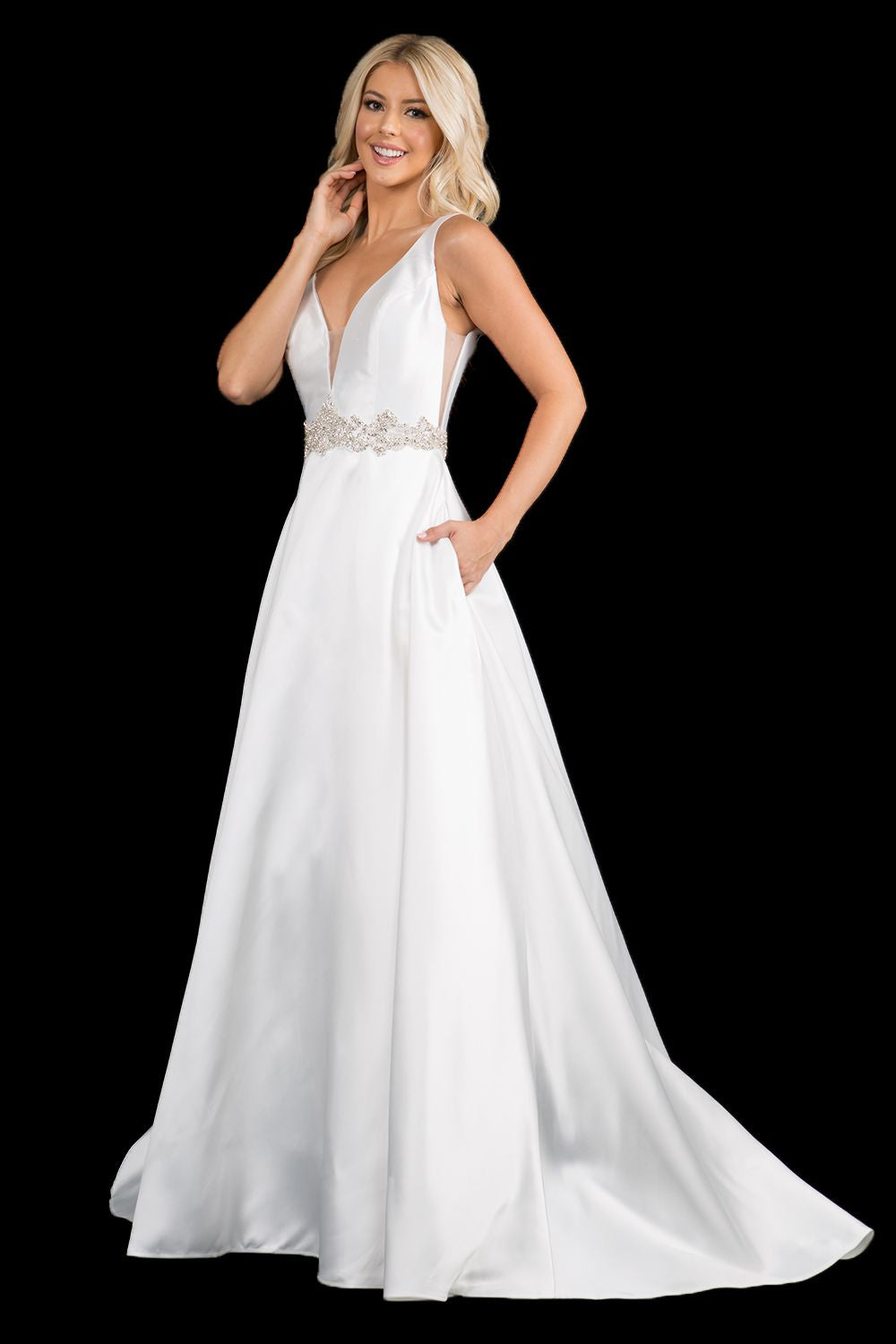 Nina Canacci 2297 plunging neckline A line prom dress formal evening gown with an embellished waistline. Perfect for a wedding dress in Ivory.   Color: Ivory, Emerald, Royal  Sizes:  8,10,12,14,16, 18, 20, 22, 24 