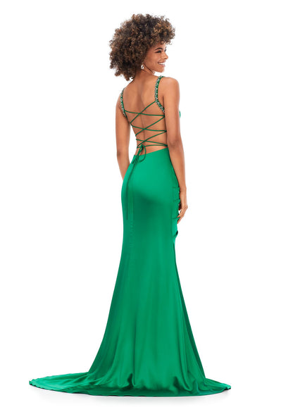 ASHLEYlauren 11298 Ruched Satin Gown with Lace Up Back