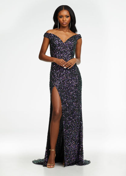 Ashley Lauren 11067 Size 14, 22 Multi/Black Prom Dress Off the Shoulder Sequin Slit Gown