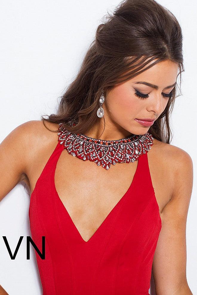 JVN53349 necklace neckline open back prom dress Jovani JVN53349 Size 2 Red Long Fitted Pageant Dress Prom Gown V Neck Backless Mermaid  Form fitting silhouette, floor length with sweeping train, sleeveless bodice, plunging neckline, open back, crystal embellished heavy necklace.  In stock in Red size 2.