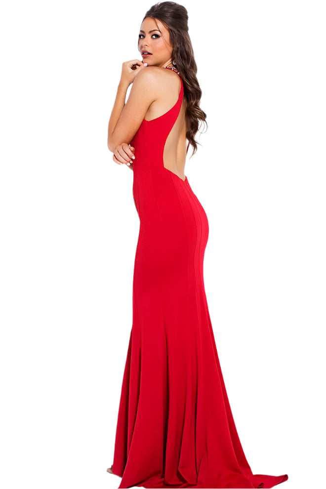 JVN53349 necklace neckline open back prom dress Jovani JVN53349 Size 2 Red Long Fitted Pageant Dress Prom Gown V Neck Backless Mermaid  Form fitting silhouette, floor length with sweeping train, sleeveless bodice, plunging neckline, open back, crystal embellished heavy necklace.  In stock in Red size 2.