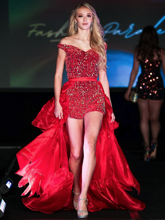 Marc Defang 8047 Short Sequin Romper Pageant Fun Fashion off the Shoulder   Off shoulder design Iridescent color beads fully beaded V-neck Center back invisible zipper Overskirt is optional  Fully lined Available Sizes: 10  Available Colors: red  Does not include overskirt
